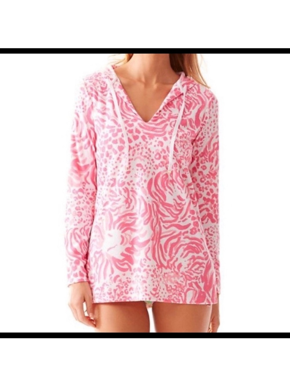 Lilly Pulitzer Get Spotted pink white tunic hoodie terrycloth lion shirt swim S